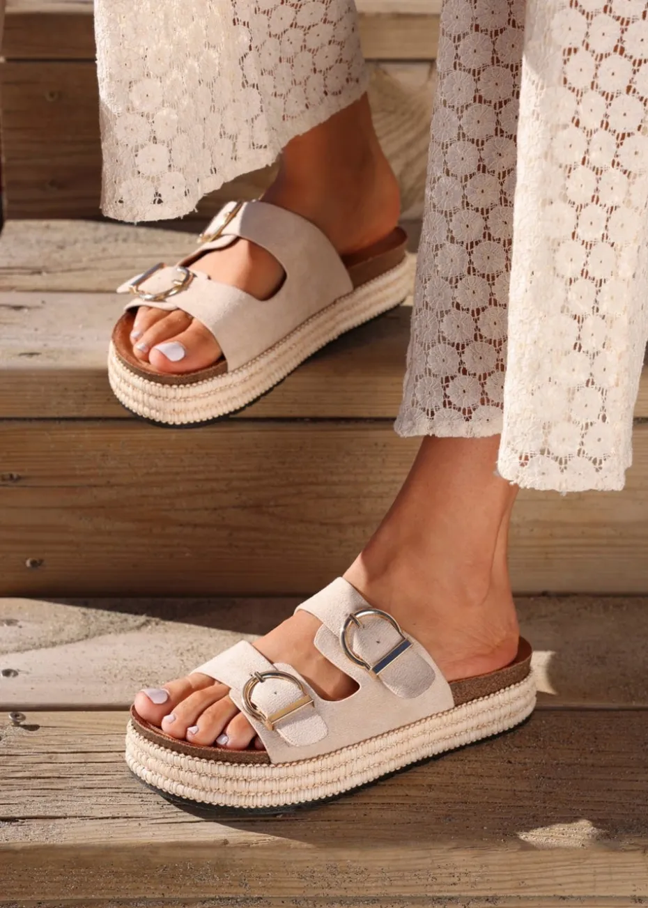 Linzi Alabama Sand Faux Suede Double Buckle Plaited Flatform Slider