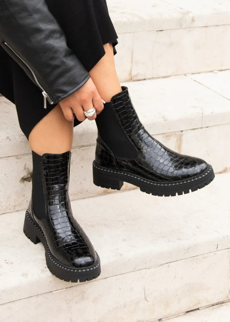 Linzi Andrea Black Faux Croc Patent Leather Silver