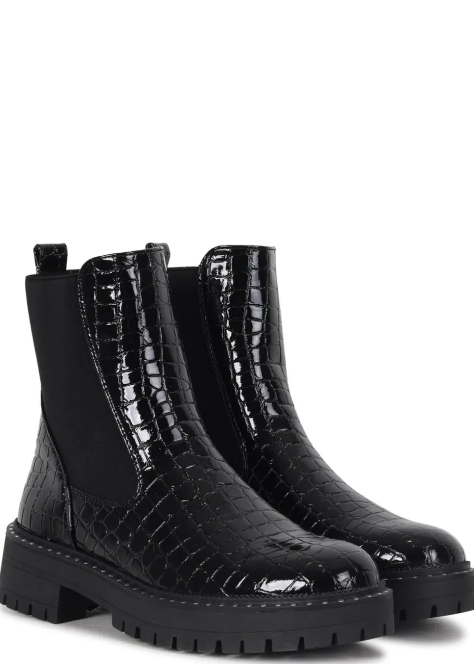 Linzi Andrea Black Faux Croc Patent Leather Silver