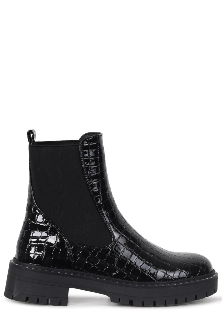 Linzi Andrea Black Faux Croc Patent Leather Silver