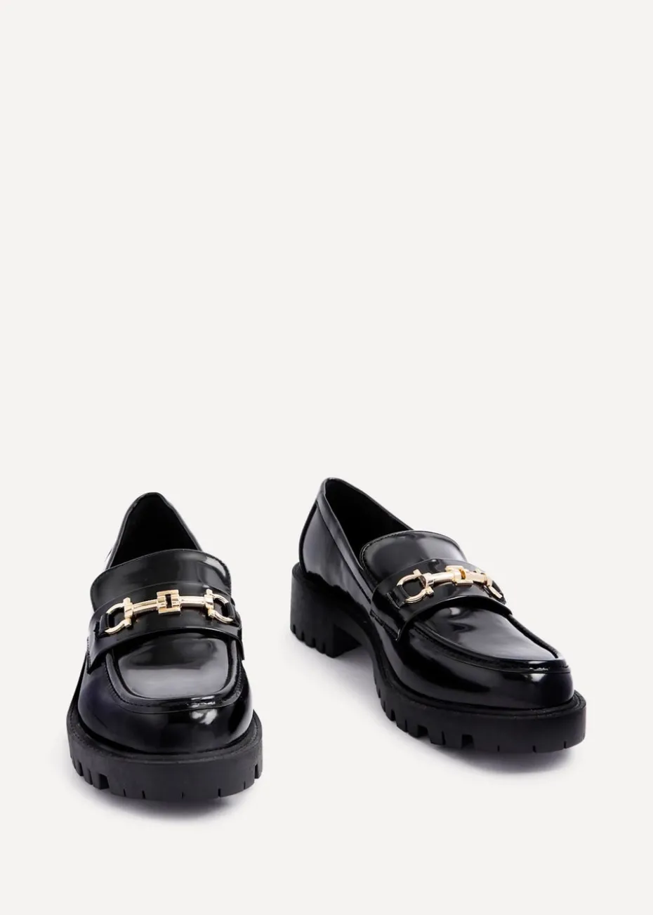 Linzi Aria Black Faux High Shine Leather Chunky Sole Loafer