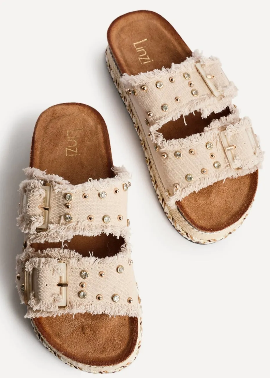 Linzi Bahama Beige Diamante Studded Double Buckle Flatform Slider Sandal