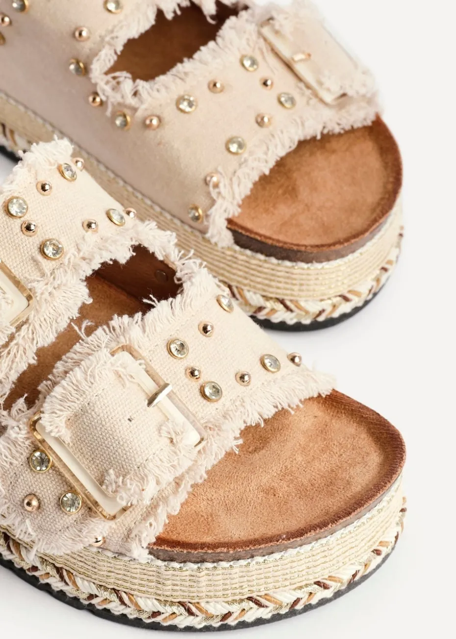 Linzi Bahama Beige Diamante Studded Double Buckle Flatform Slider Sandal