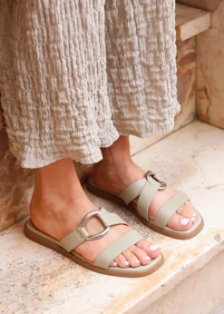 Linzi Cassandra Sage Green Faux Leather Double Strap Sandal