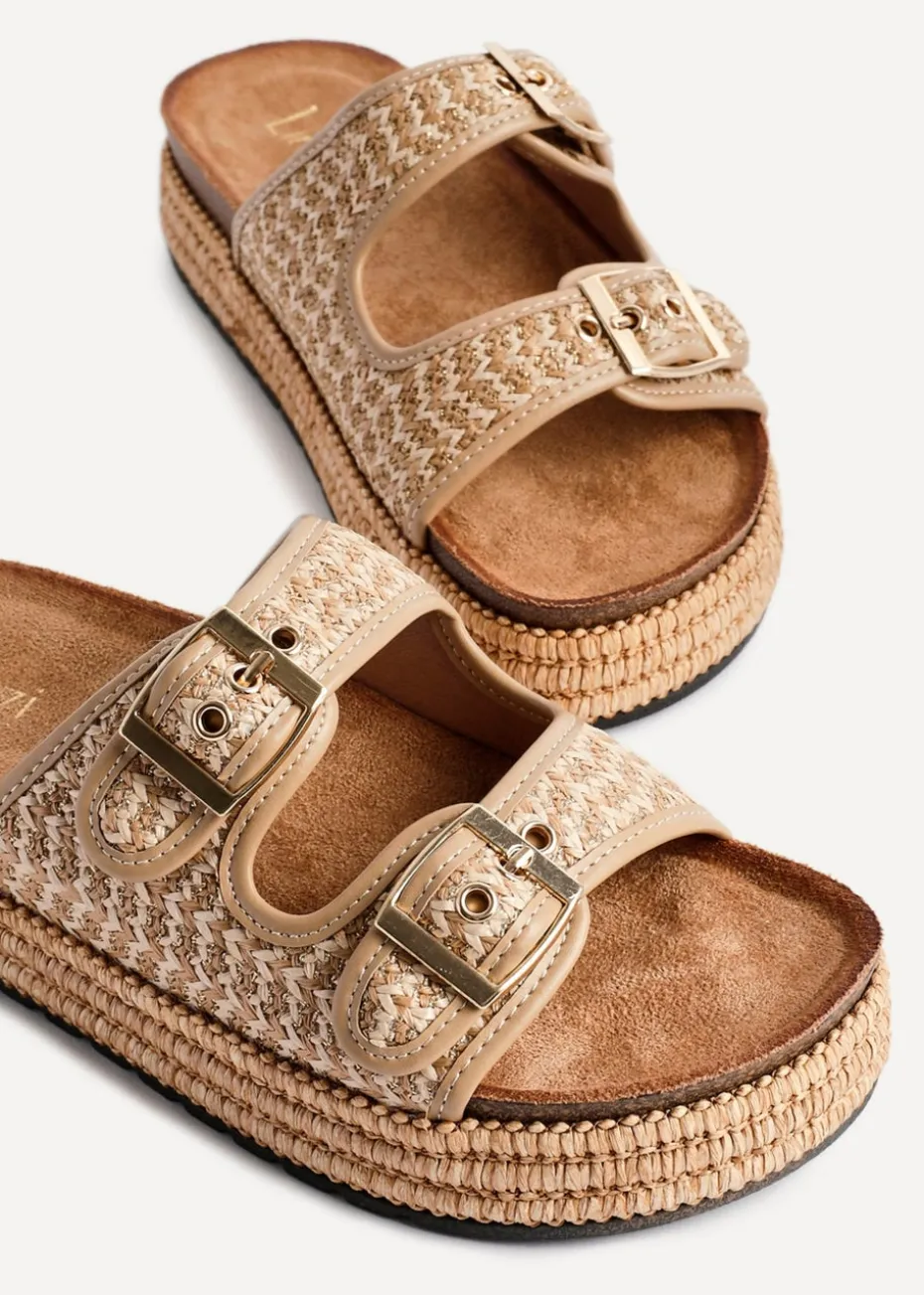 Linzi Cici Beige Aztec Woven Double Buckle Flatform Slider Sandal