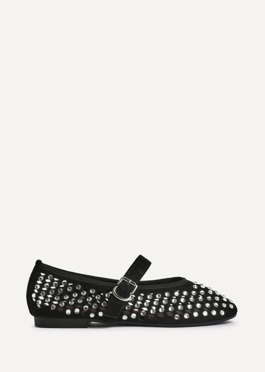 Linzi Delicate Black Suede Diamante Embellished Ballet Pumps