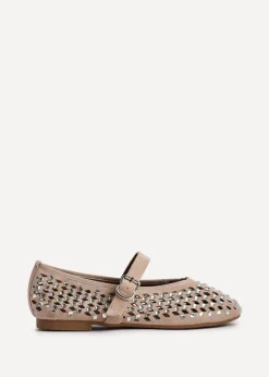 Linzi Delicate Sand Suede Diamante Embellished Ballet Pumps