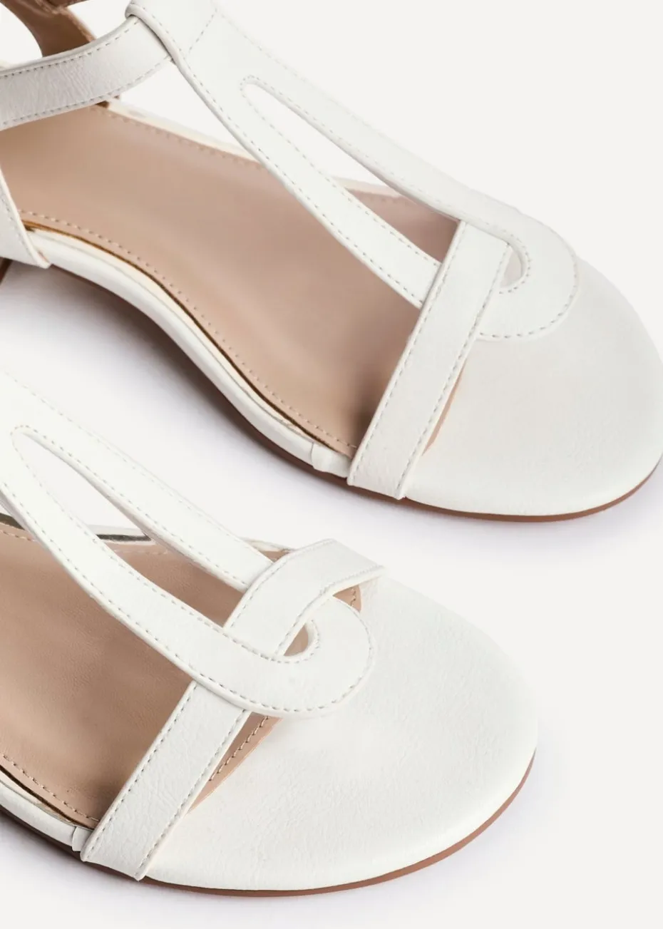 Linzi Deluxe Wide Fit White Faux Leather T Bar Looped Low Heeled Sandal