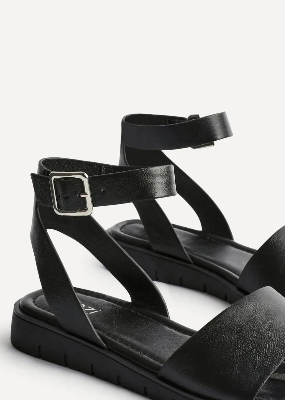 Linzi Denia Wide Fit Black Faux Leather Footbed Two Part Sandal