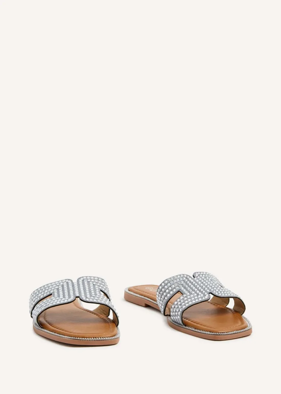 Linzi Devon Silver Diamante Link Design Flat Sandal