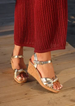 Linzi Elyah Gold Faux Leather Cork Wedge