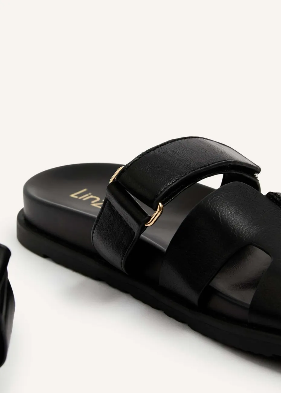 Linzi Emmy Black Faux Leather Footbed Linked Design Sandal