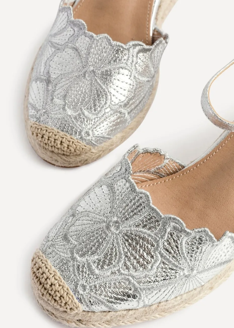 Linzi Florentina Silver Floral Embroidered Espadrille Platform Wedge
