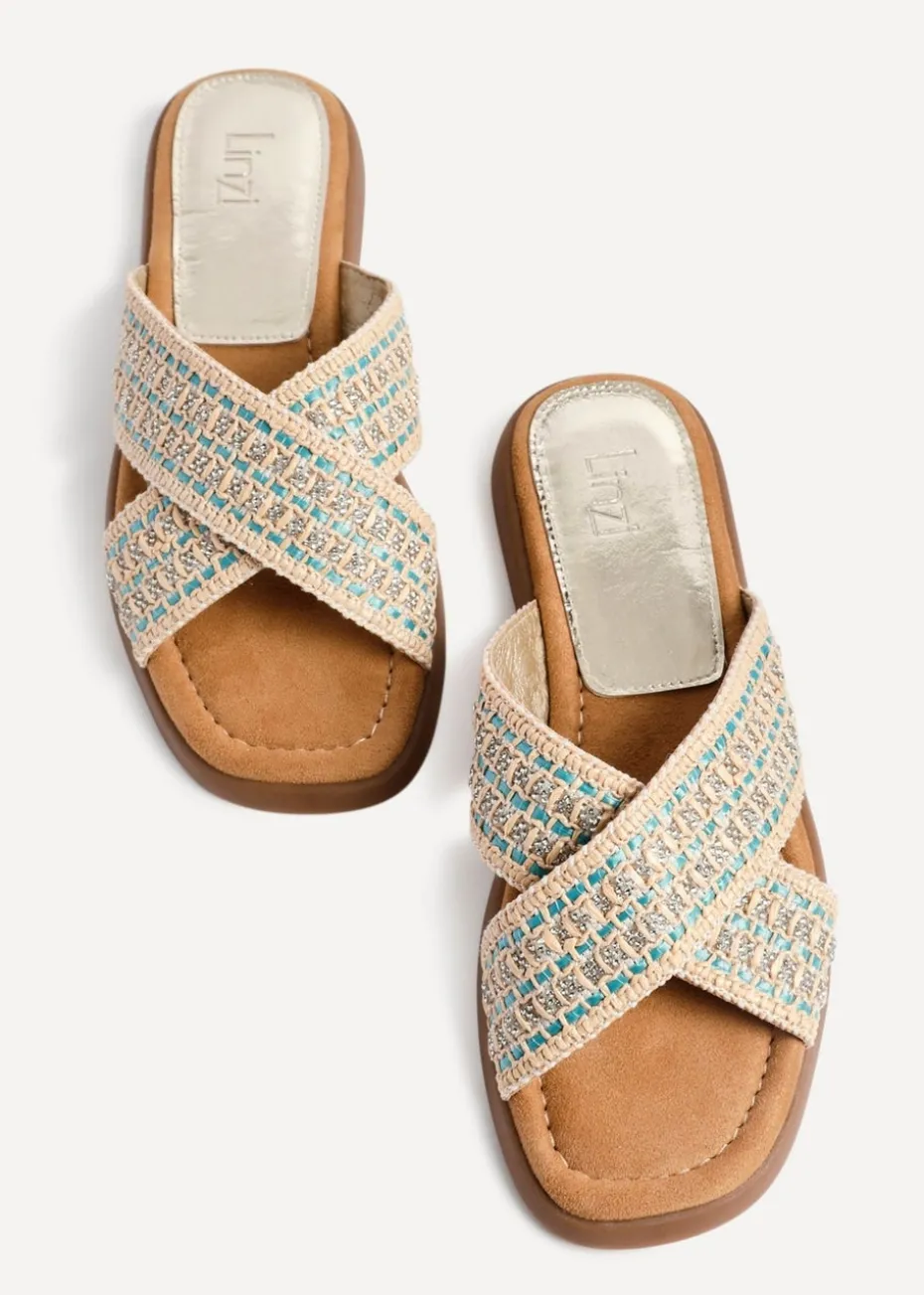 Linzi Genie Blue Embellished Raffia Flat Slider Sandal
