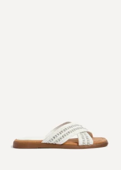 Linzi Genie White Embellished Raffia Flat Slider Sandal