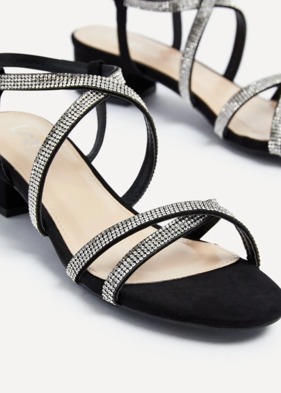 Linzi Glow Black Faux Suede Crossover Diamante Straps Low Block Heeled Sandal