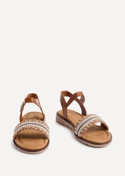 Linzi Halo Tan Weaved Embellished Flat Sandals