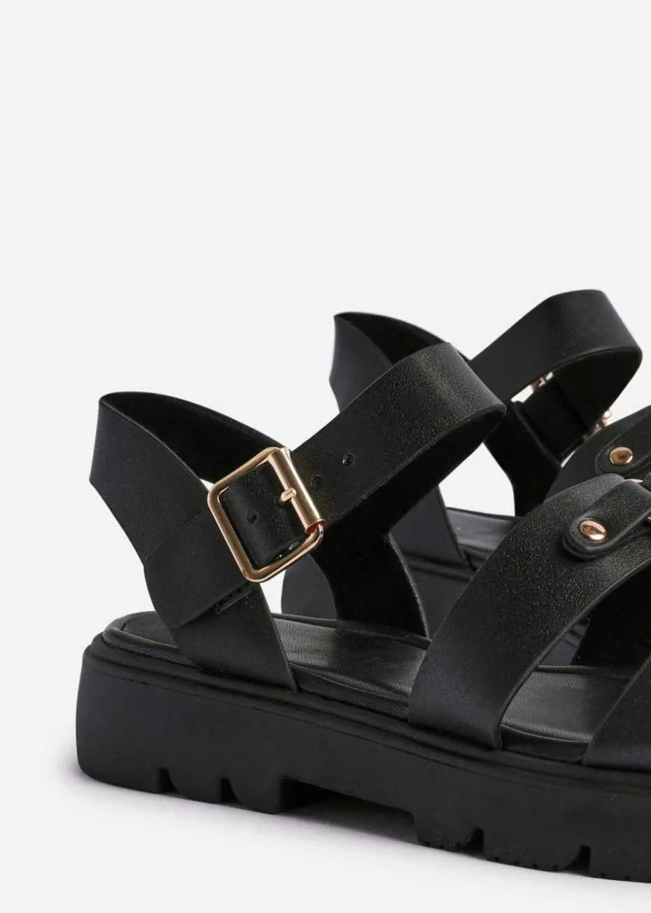 Linzi Hattie Black Faux Leather Studded Gladiator Chunky Sandals