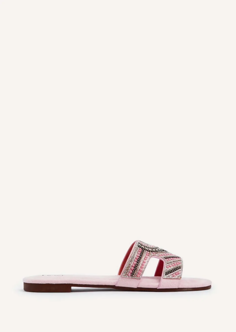 Linzi Indira Baby Pink Suede Aztec Design Embellished Slider Sandal