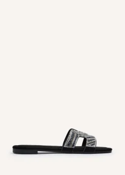 Linzi Indira Black Suede Aztec Design Embellished Slider Sandal