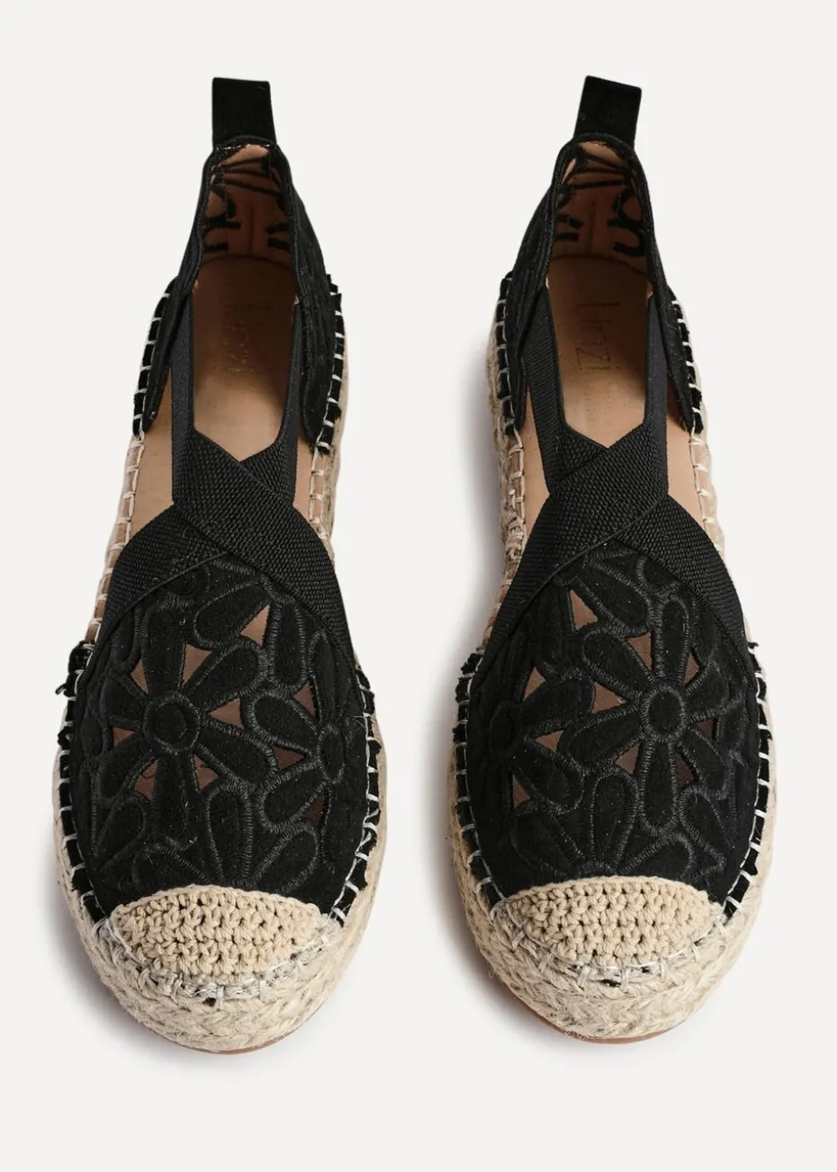 Linzi Jillian Black Faux Suede Flower Cut Out Espadrille Sandal