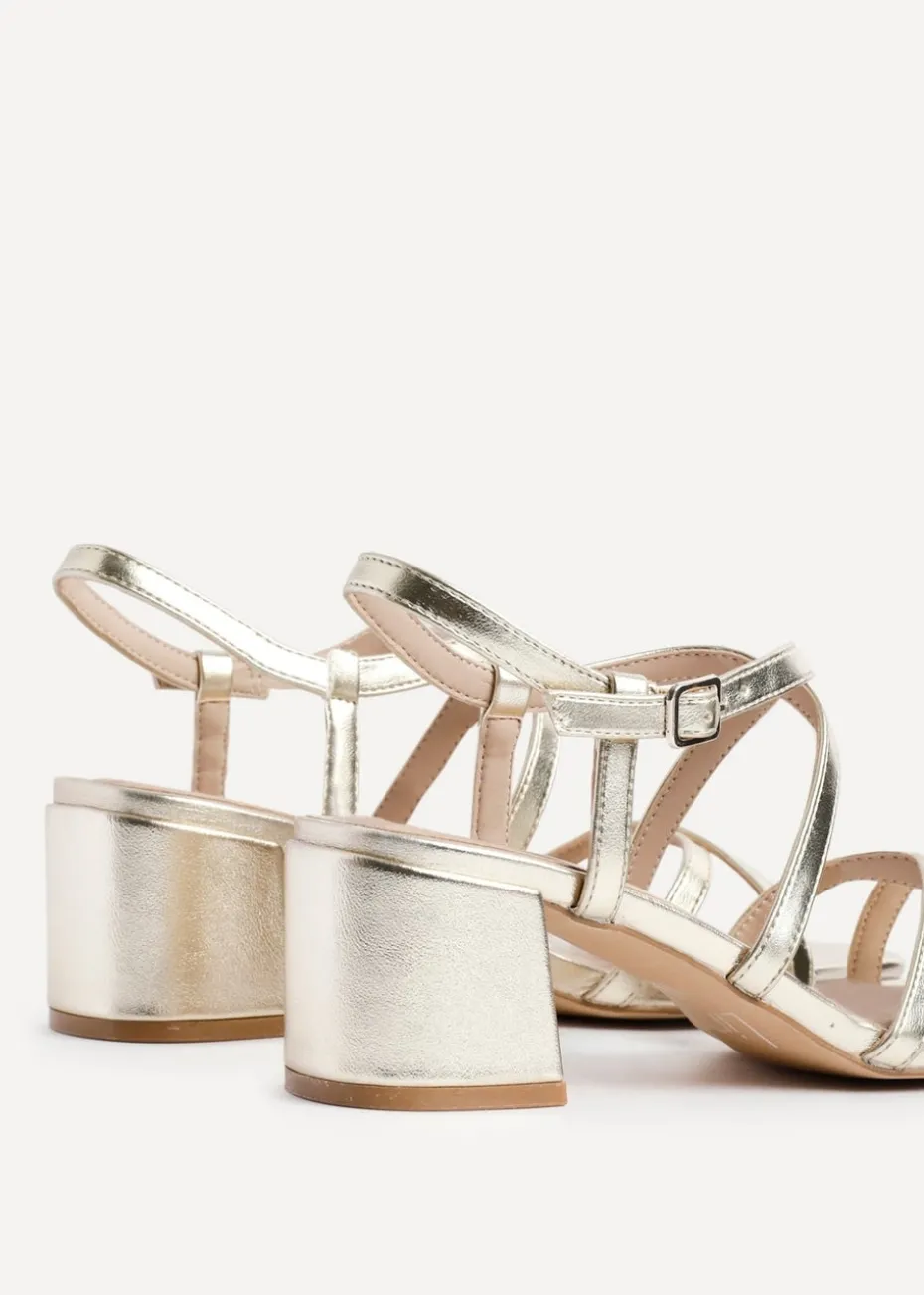 Linzi Jovanna Gold Faux Leather Strappy Low Block Heeled Sandals