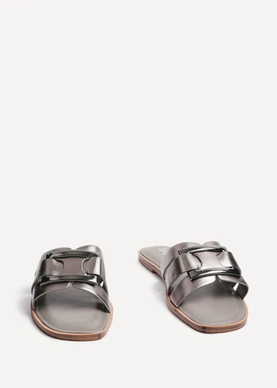 Linzi Kenna Grey Faux Leather Buckle Flat Slider Sandal