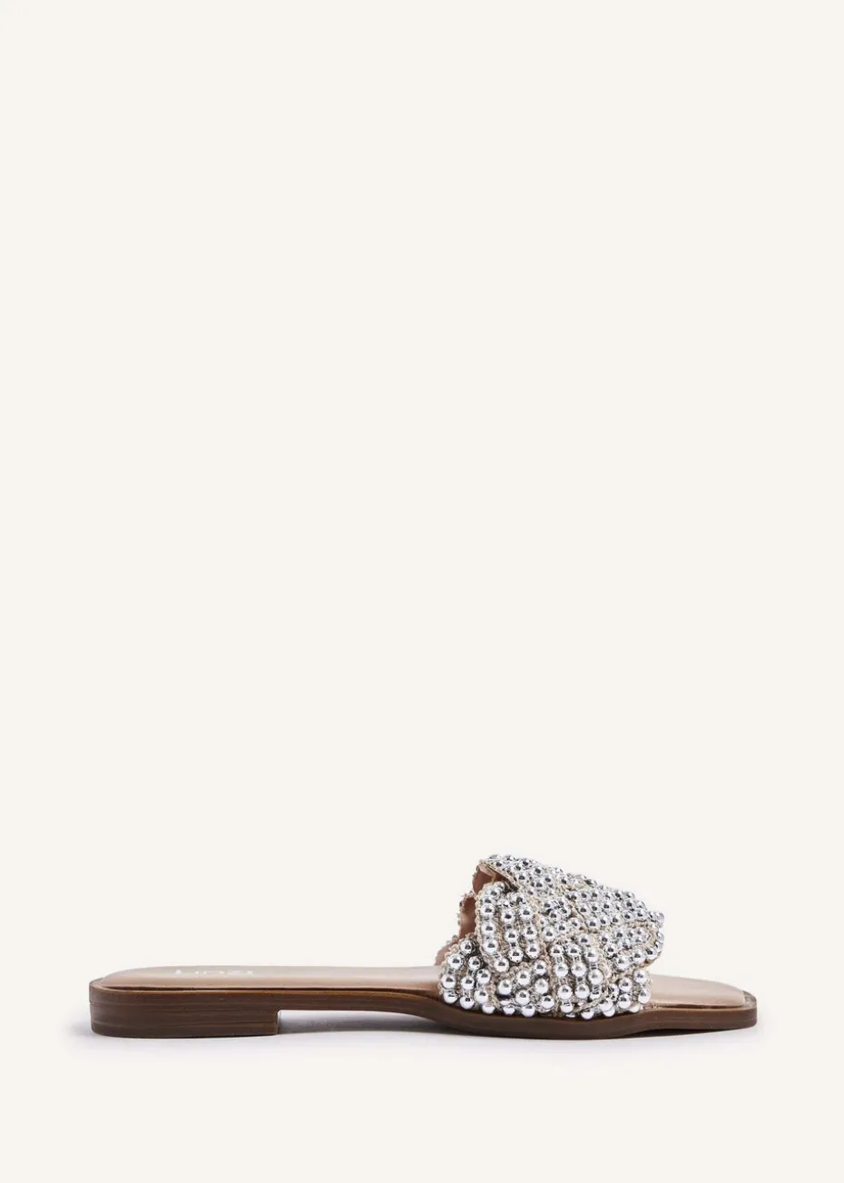 Linzi Lanette Nude Faux Leather Plaited Beaded Flat Sandals