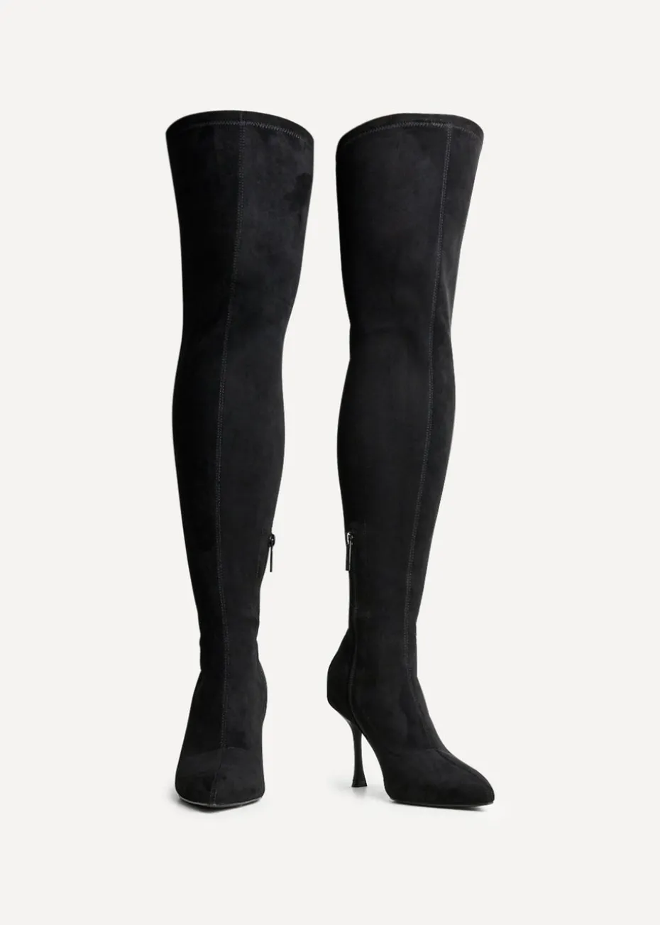 Linzi Laney Black Faux Suede Thigh High Strech Stiletto Heel Boot
