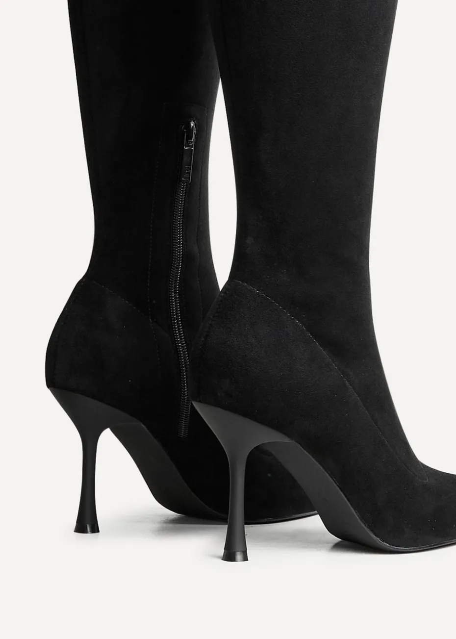 Linzi Laney Black Faux Suede Thigh High Strech Stiletto Heel Boot