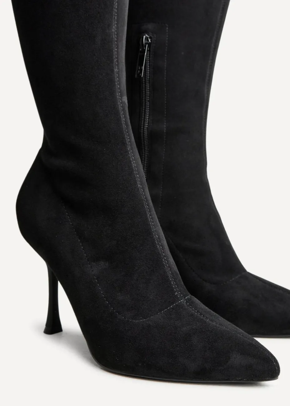 Linzi Laney Black Faux Suede Thigh High Strech Stiletto Heel Boot