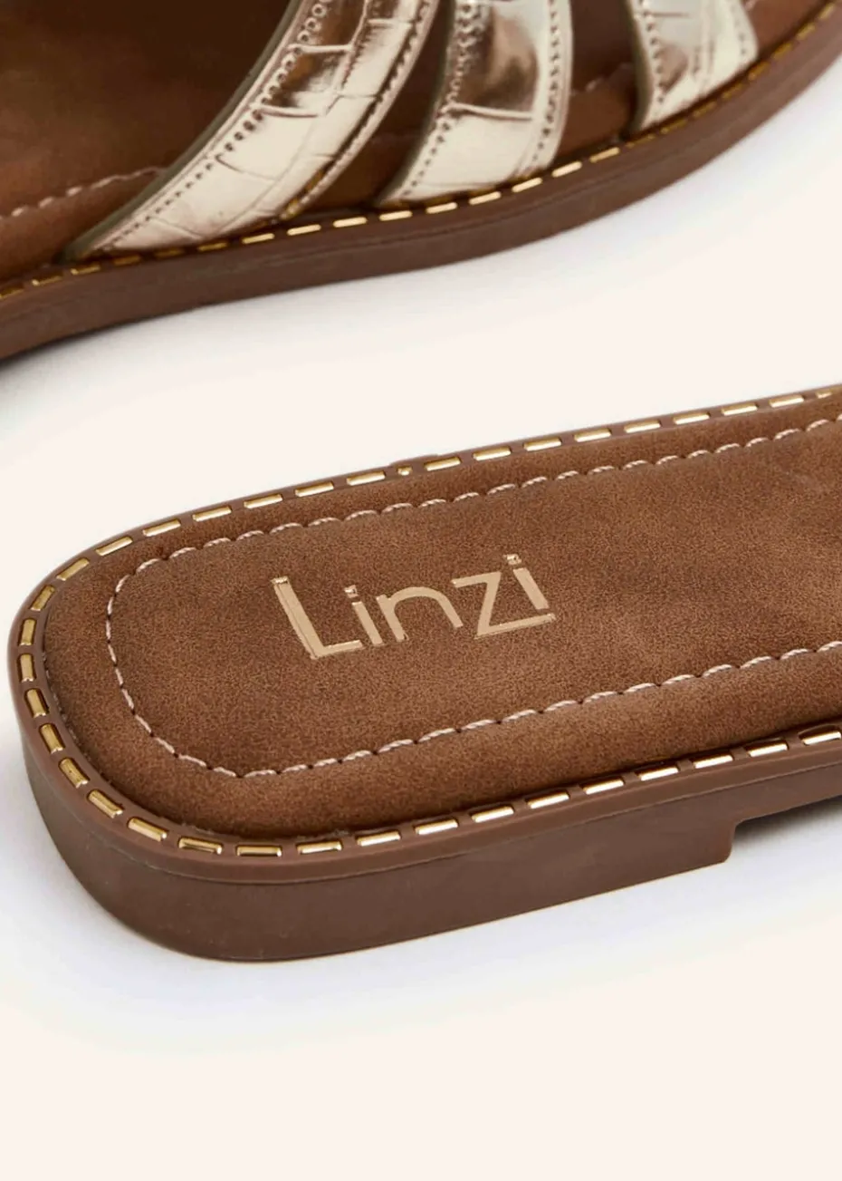 Linzi Maya Gold Faux Croc Patent Linked Slider Sandal