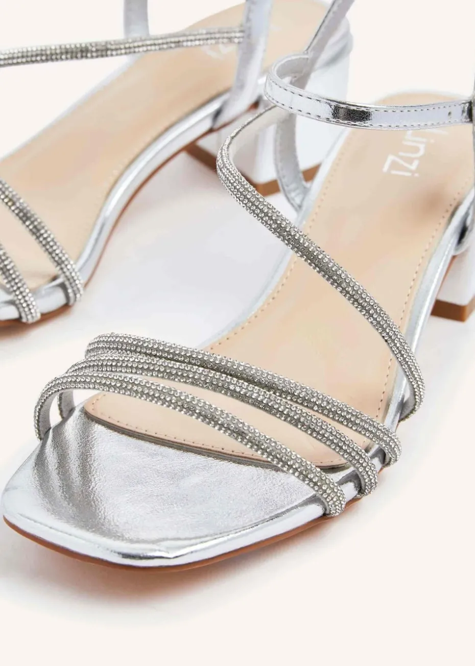 Linzi Riri Silver Faux Leather Diamante Strappy Block Heeled Sandal