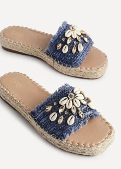 Linzi Seaside Blue Raffia Shell Embellished Flat Slider