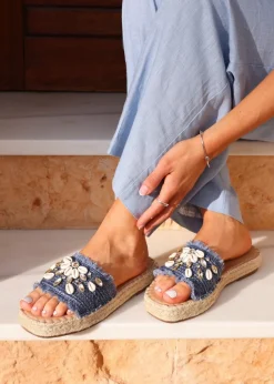 Linzi Seaside Blue Raffia Shell Embellished Flat Slider