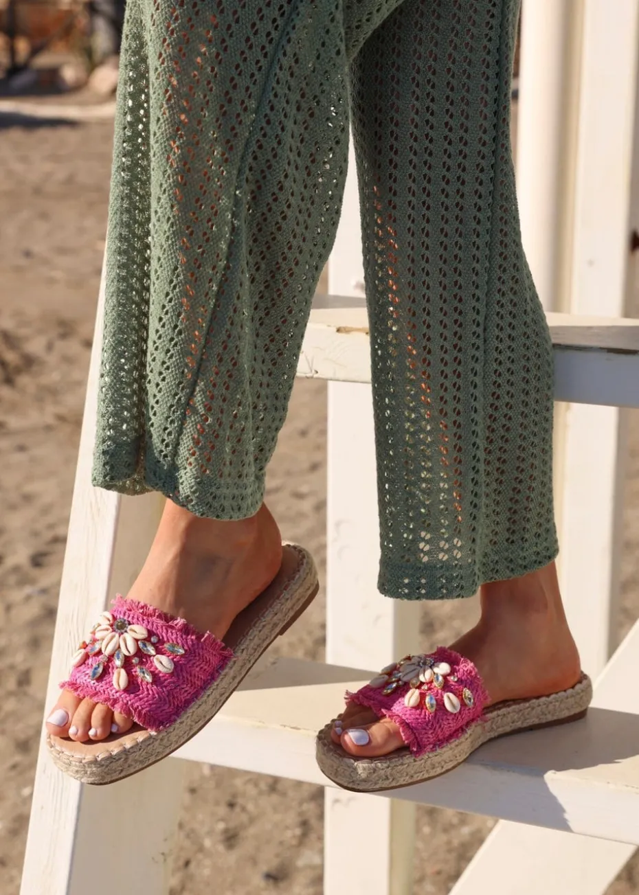 Linzi Seaside Pink Raffia Shell Embellished Flat Slider
