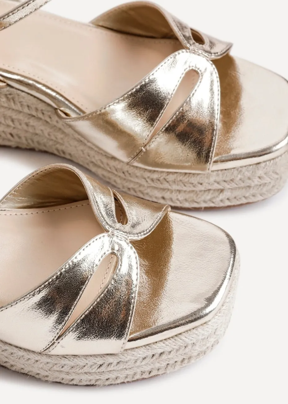 Linzi Sian Wide Fit Gold Faux Leather Linked Design Wedges