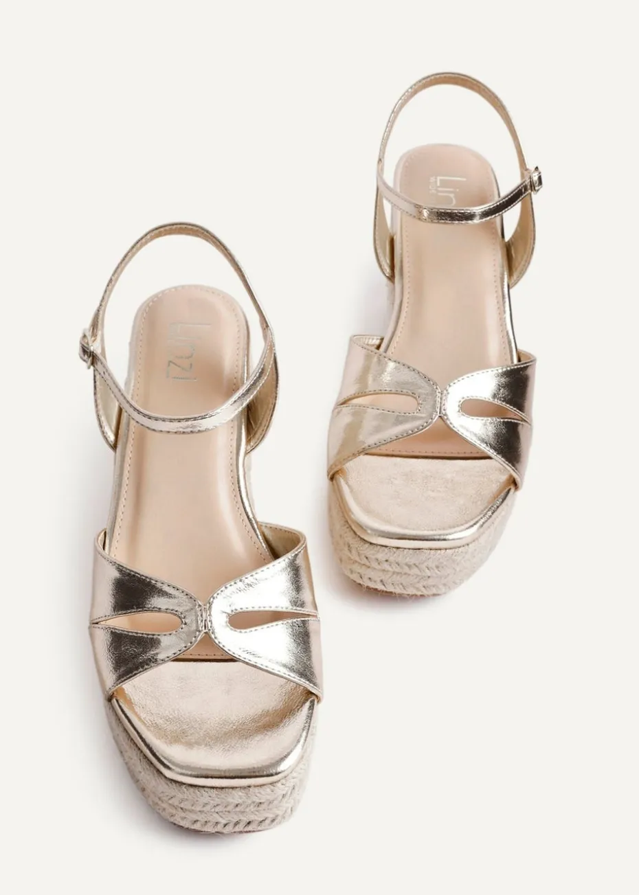 Linzi Sian Wide Fit Gold Faux Leather Linked Design Wedges