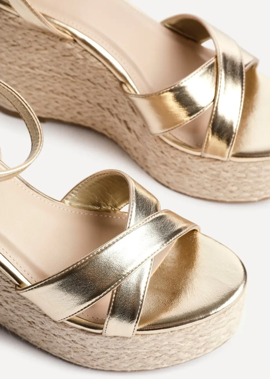 Linzi Tahiti Gold Faux Leather Crossover Espadrille Wedge