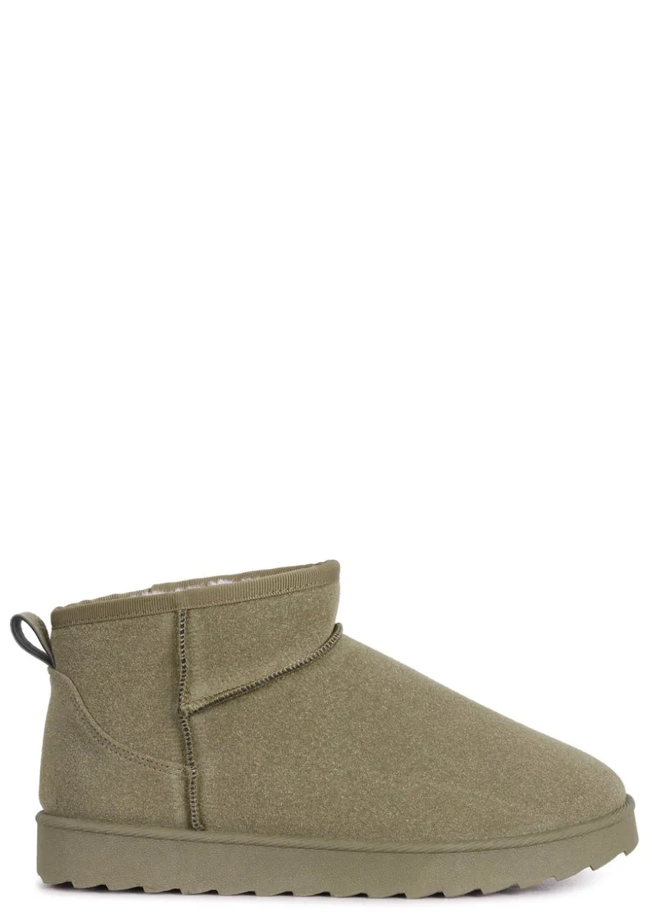 Linzi Ultra Mini Addy Khaki Faux Suede Faux Fur Lined