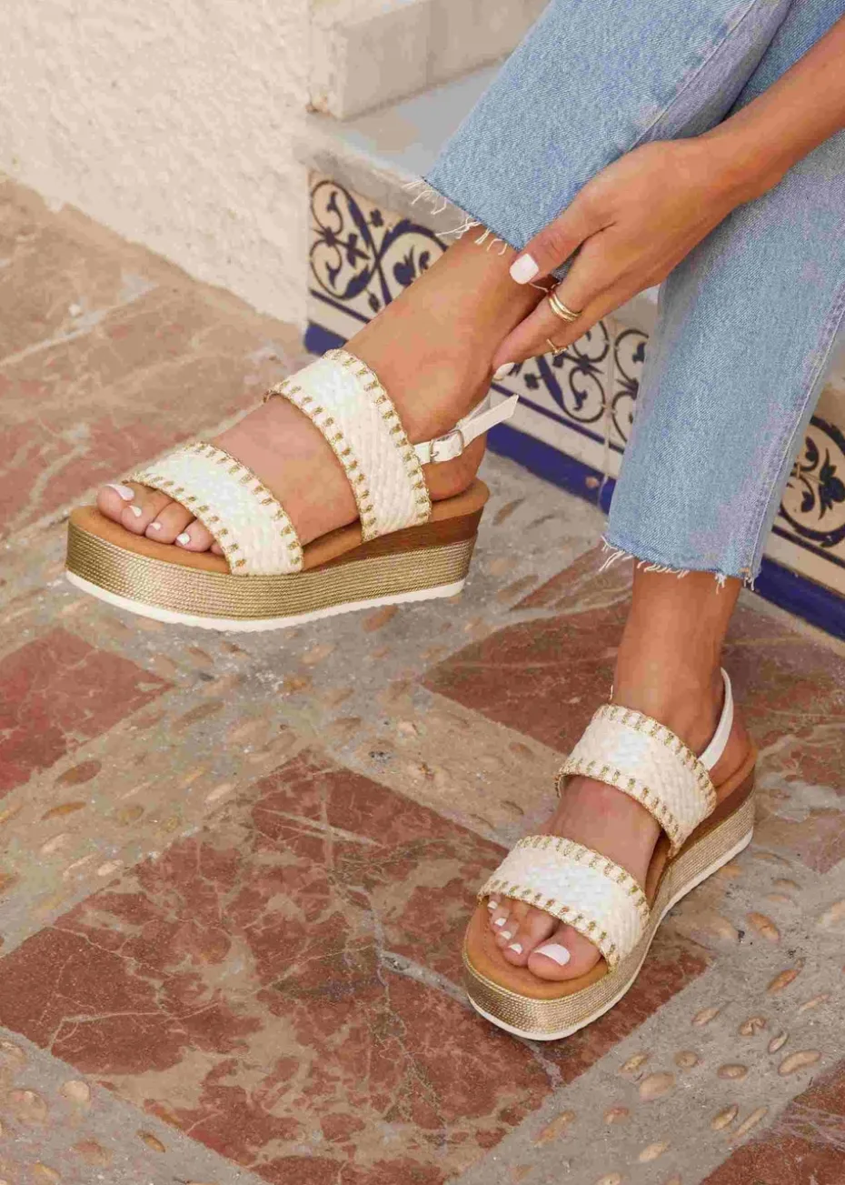Linzi Willow White & Gold Crochet Inspired Two Part Flatform Sandal