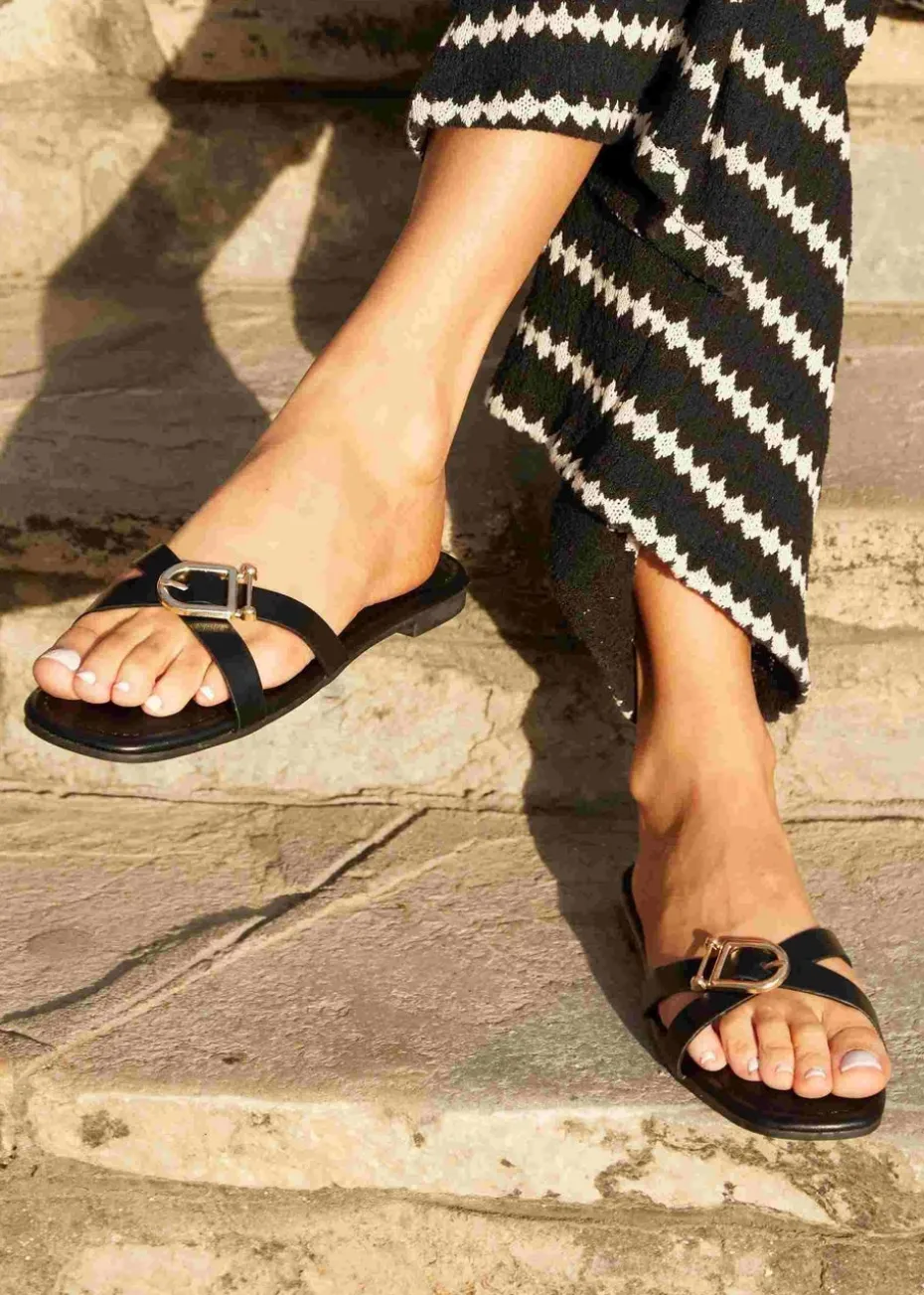 Linzi Yasmin Black Faux Leather Crossover Slider Sandal