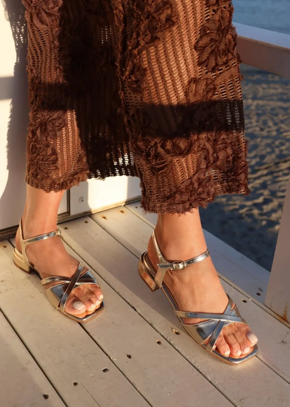 Linzi Zenna Gold Faux Leather Strappy Low Block Heeled Sandals
