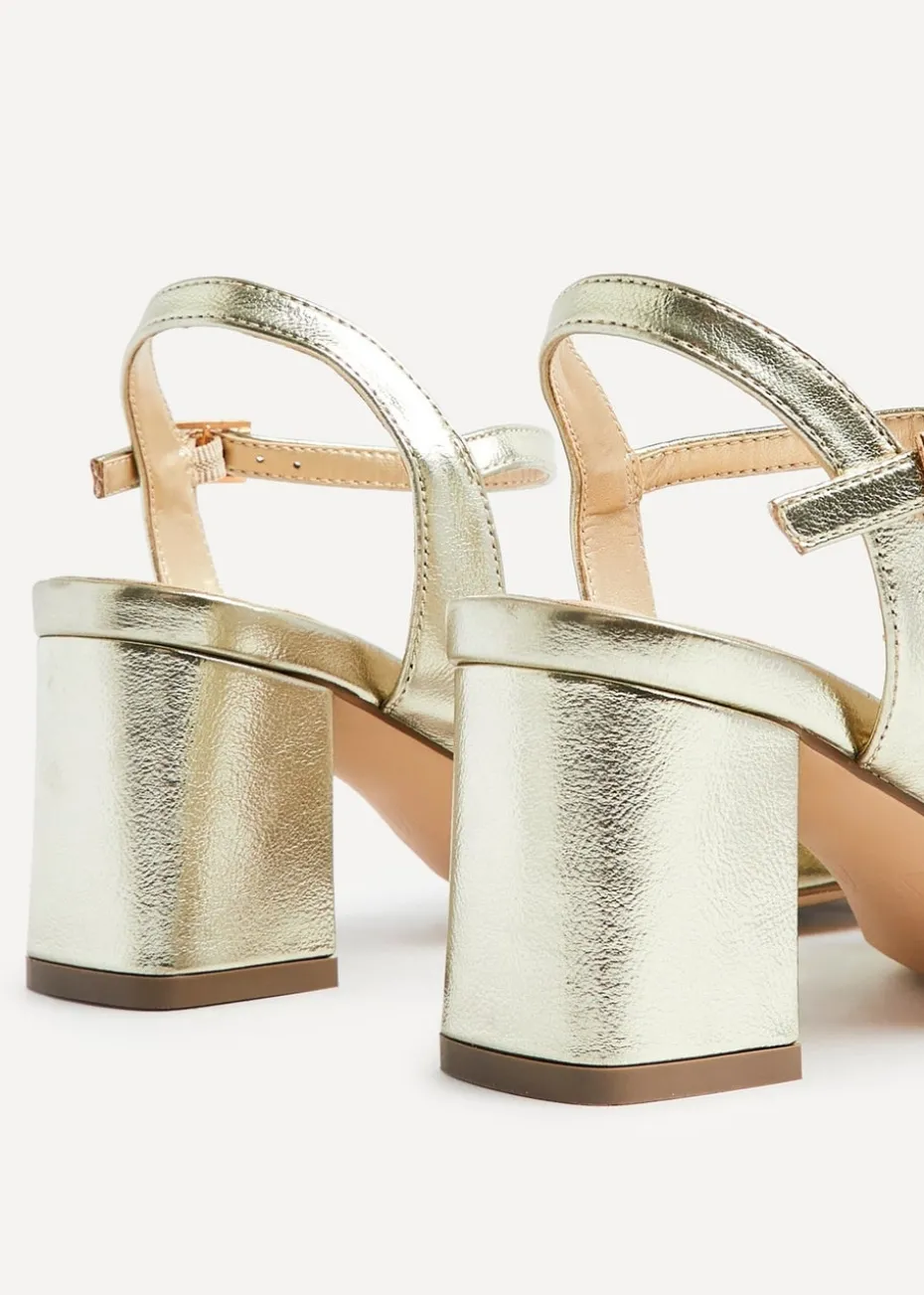 Linzi Zoey Gold Faux Leather Diamante Block Heel