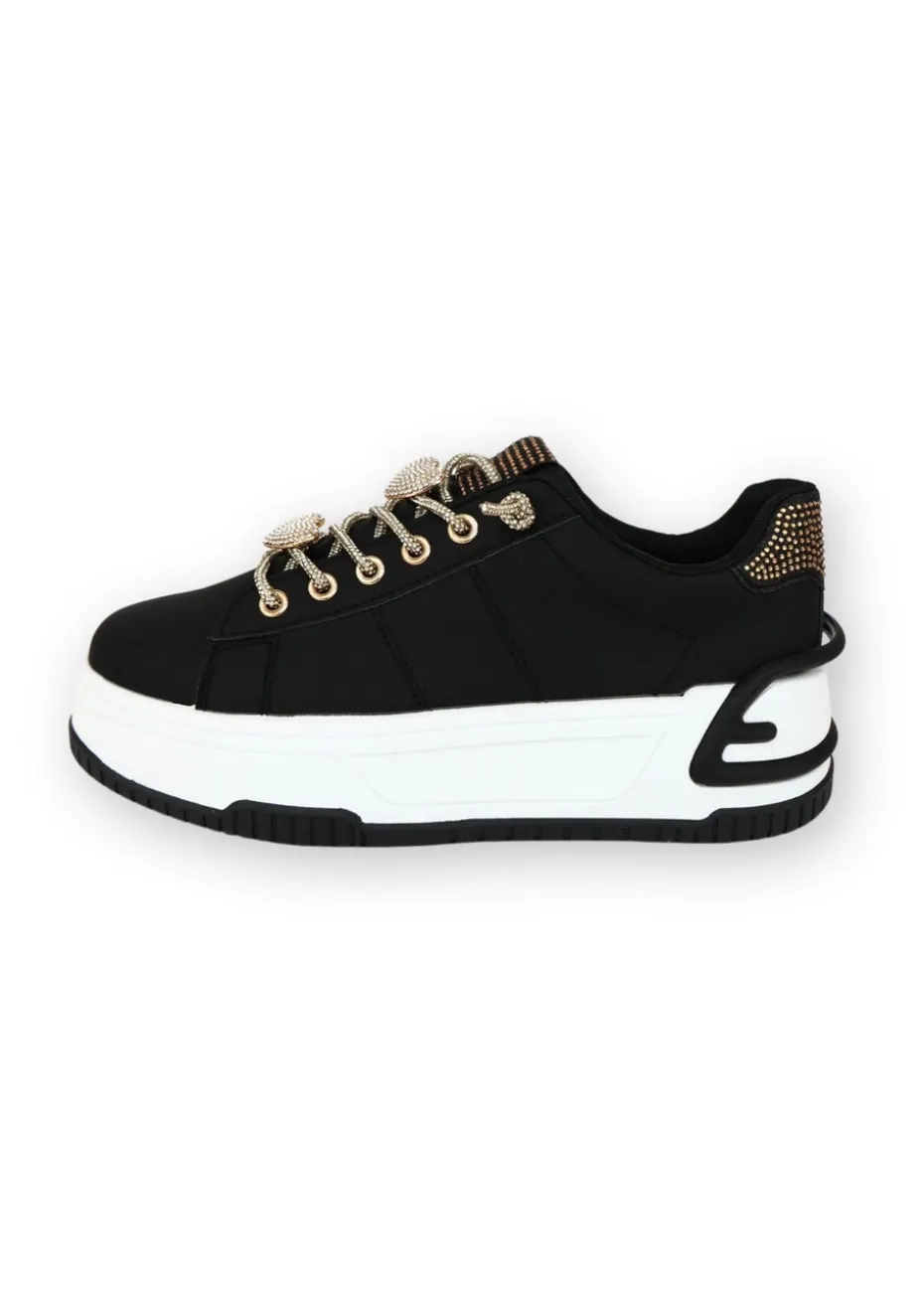 Love Lemonade Black Crystal Hearts Sparkly Lace Up Trainers