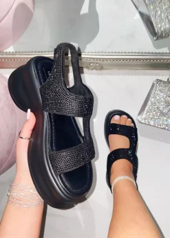 Love Lemonade Black Crystal Glimmer Chunky Sandals