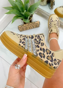 Love Lemonade Leopard Crystal Stripe Platform Trainers