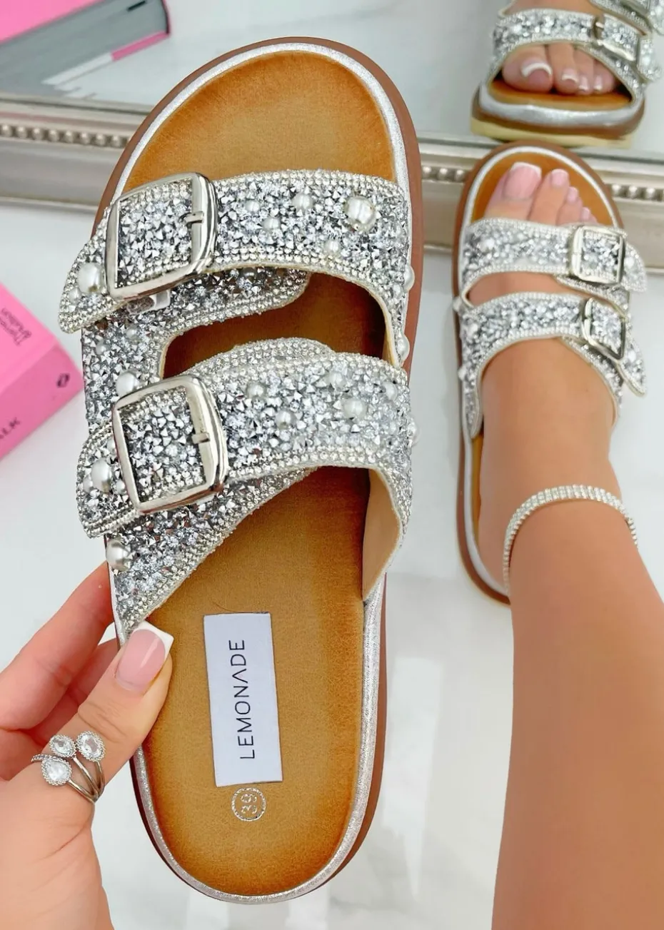 Love Lemonade Silver Sparkly Double Strap Precious Pearl Sliders