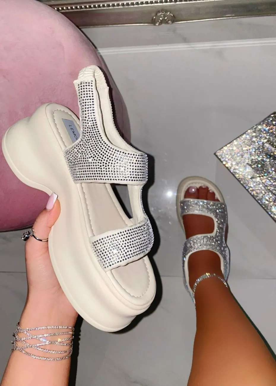 Love Lemonade White Crystal Glimmer Chunky Sandals