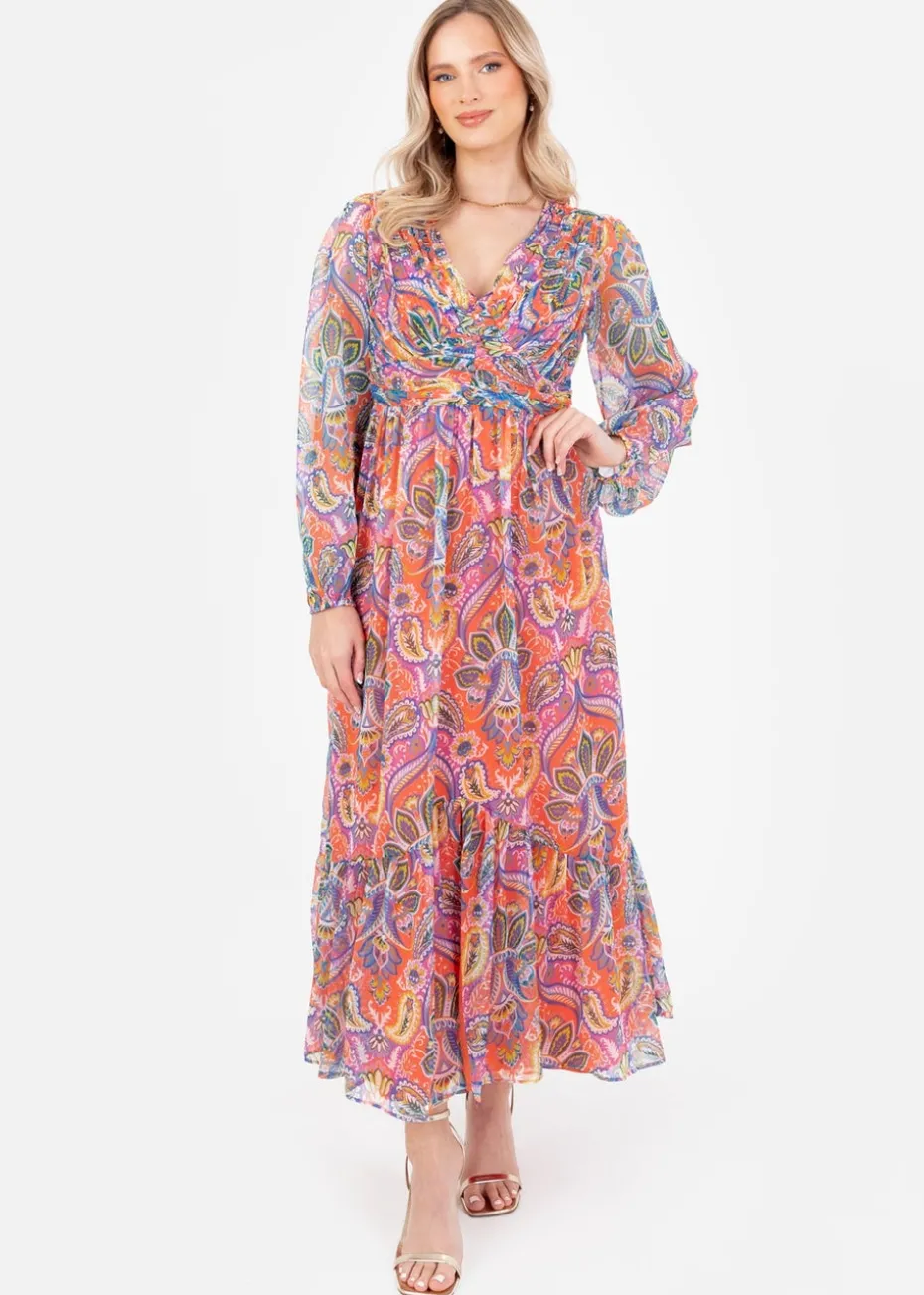 Lovedrobe Multi V-Neck Blouson Sleeve Gathered Midaxi Dress